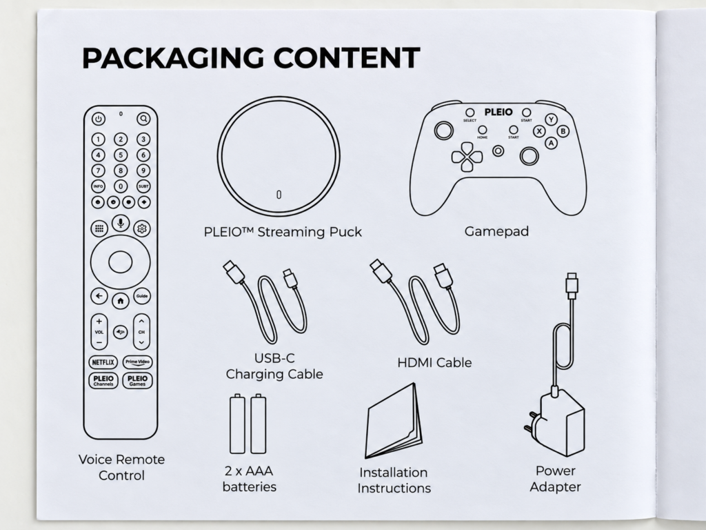 Netgem PLEIO 4K Puck package contents with remote and controller