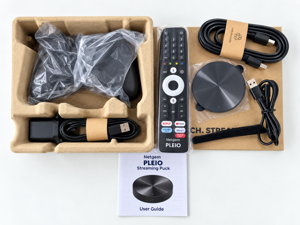 Netgem PLEIO 4K Puck inside its retail packaging